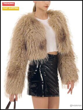 Cropped Faux Fur Jacket Long Sleeve Open Front Fluffy Shaggy Short Coat Winter